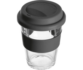 Glass mug with silicon sleeve and lid